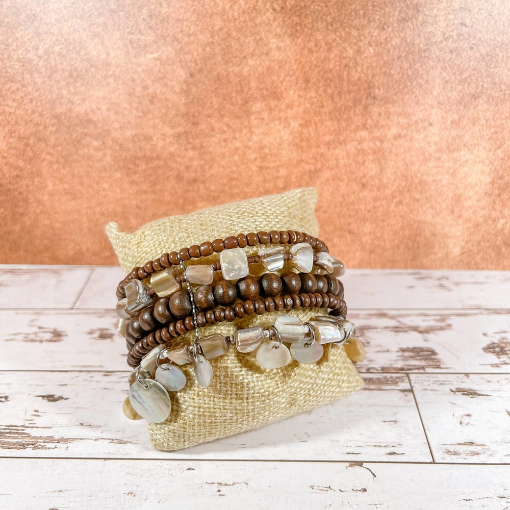 Wood and Abalone Shell Beaded Cuff‎ Bracelet